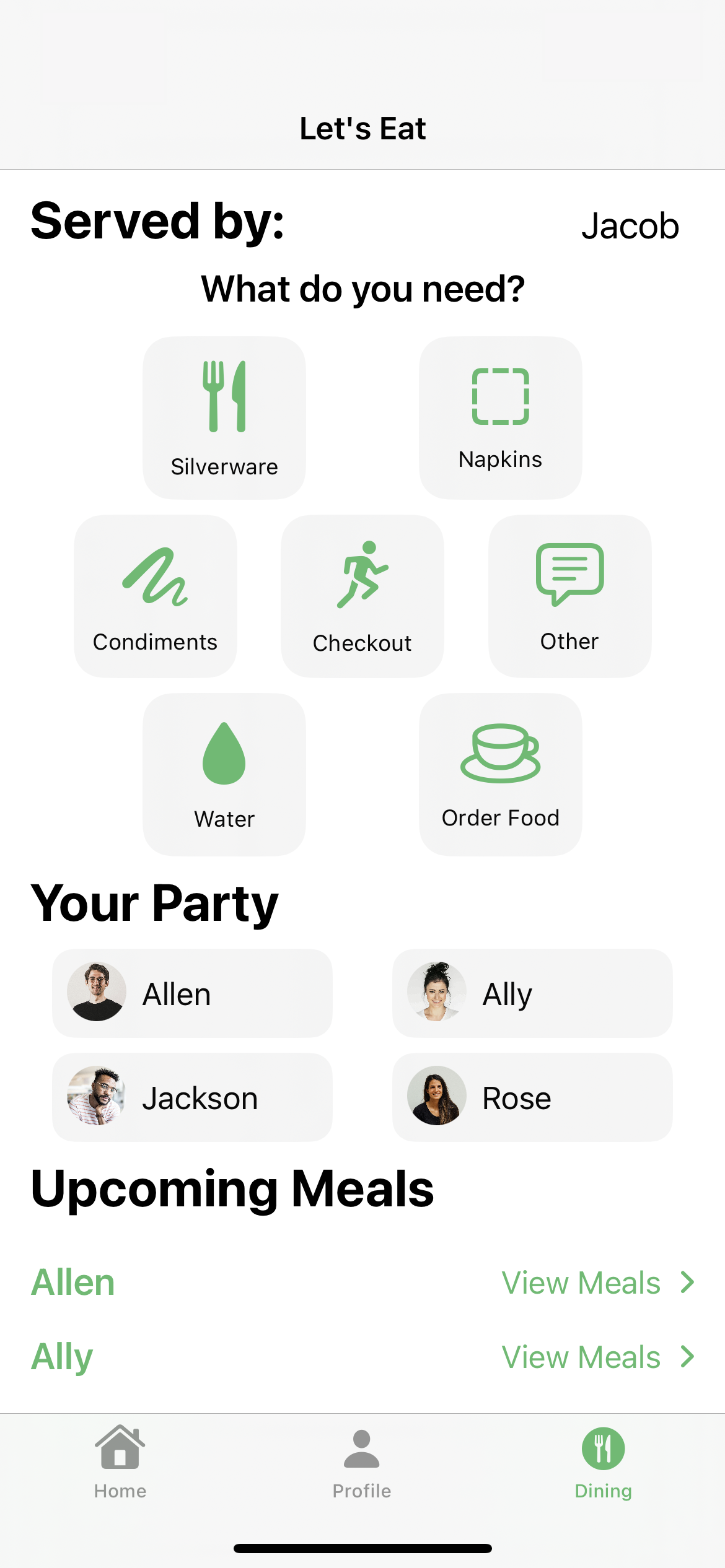 App screenshot of customer dining view